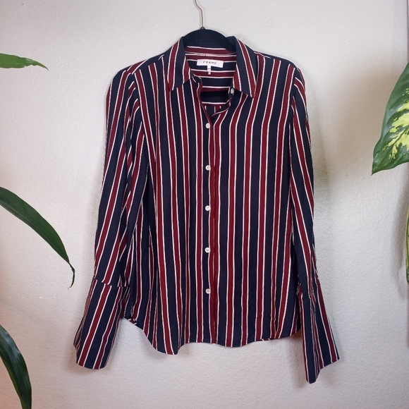 Frame Silk Burgundy Red Navy Cream Striped French Cuff Boho Button Down Shirt M - Picture 3 of 10